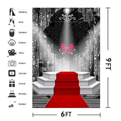 6x9ft Red Carpet Stage Photography Backdrop Snowflake Black Curtain Bowknot Spotlights Background Baby Children Adults Portraits Christmas Party Photo Booth Props LULF052