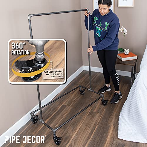 PIPE DECOR 39” x 20 ¼” x 58” Rolling Steel Pipe Clothing Rack, Commercial or Residential Industrial Clothes Display, Heavy Duty Black Steel Metal Wheeled Garment Frame - size: 39 in. x 58 in.