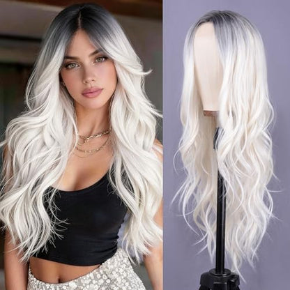 Aida ble Long Wavy White Wig for Women 26inch Middle Part Synthetic Wig | Natural Looking Heat Resistant Hair,Suitable for Daily Wear,Party,Halloween and Cosplay,Beginner-friendly Wig - color: White
