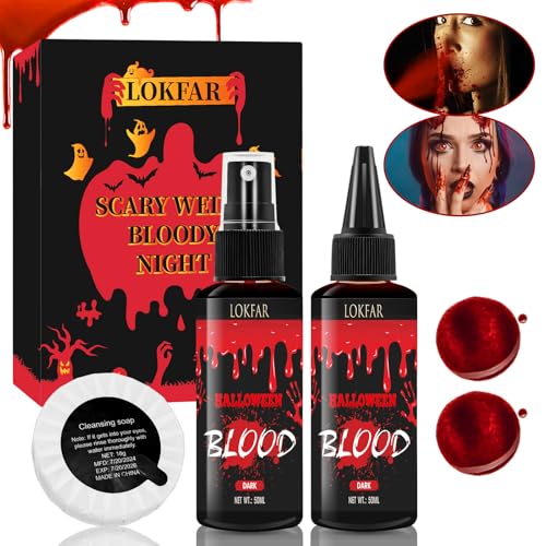 3PCS Halloween Fake Blood Makeup Kit, Fake-Blood Spray 50ML + Dripping Blood 50ML + Cleansing Soap, Fake-Blood Washable for Clothes Face Zombie Monster Vampire Cosplay SFX Makeup (Dark + Dark) - color: Dark + Dark (3PCS Kit)