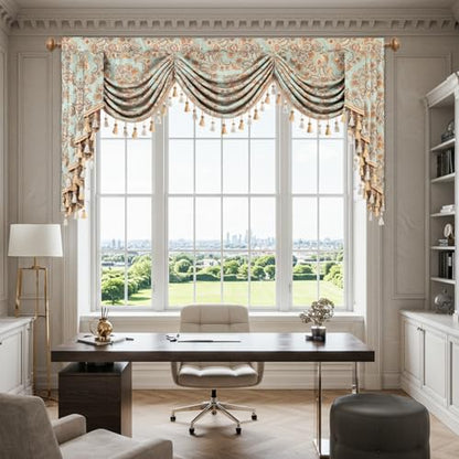 Leeva Royal European Waterfall Valance Curtains - Deluxe Sky Blue Swag with Rope Tassels, 79-Inch Wide Damask Jacquard Valances for Living Room, Rod Pocket Top - color: *Blue, size: 79"W x 45"L (Pack of 1)