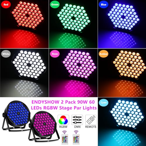 LED Par Lights, 90W 60 LED RGBW 4IN1 Stage Uplights Sound Activated Auto Play by Remote & DMX Control for Events Wedding Church Party DJ Live Show DJ Stage Lighting 2 Pack