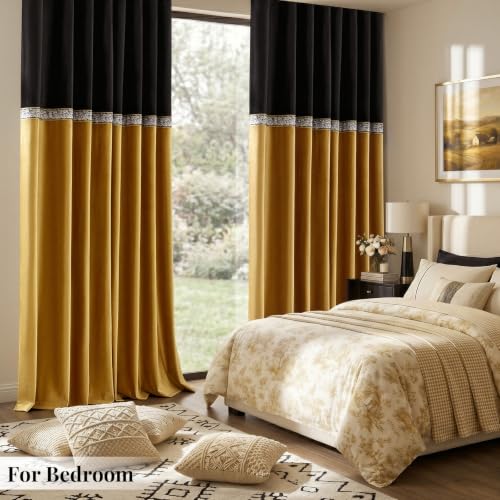 GIGIZAZA Velvet Curtains 63 Inch for Living Room 2 Panels Black Gold - color: Black+gold, size: 52"W x 63"L (Pack of 2)