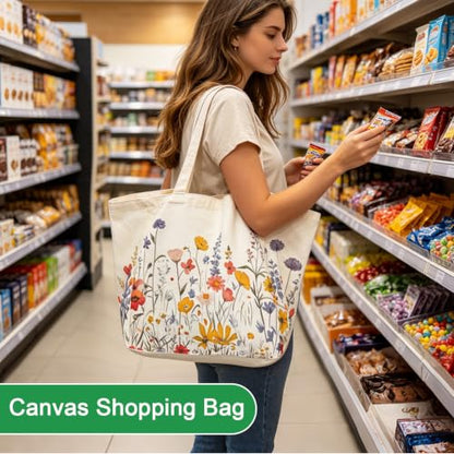 Aesthetic Canvas Reusable Grocery Bags Heavy Duty, 8.3 gal Foldable Large Tote Bag with Handles, Holds 60 lbs & Washable Eco-friendly Bags with 5 Pockets, Beige with a print 1 Bags（Wildflowers） - color: [A4] Flower, size: 1 Pack