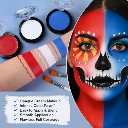 US Flag Red White Blue Joker Face Body Paint with Brushes for Halloween & 4th of July USA Independence Day America’s Patriotic Parades, Face Painting Kit for Adults Devil Dress-Up Costume Cosplay - color: Royal Blue+White+Red