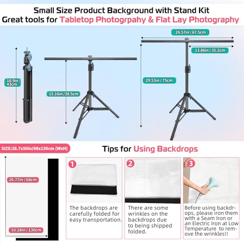 Product Photography Photo Backdrops Stand Kit, Photo Background, 26.8x50in White Black Backdrop Background with 26x29in Small T-Shape Backdrop Stand Tabletop Photo Shoot for Jewelry Cosmetics - color: White & Black, size: 2.2 x 2.5 Ft