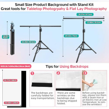 Product Photography Photo Backdrops Stand Kit, Photo Background, 26.8x50in White Black Backdrop Background with 26x29in Small T-Shape Backdrop Stand Tabletop Photo Shoot for Jewelry Cosmetics - color: White & Black, size: 2.2 x 2.5 Ft