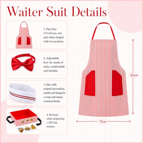 Adult 1950s Waiter Costume Kit for Men Women | Movie Night Worker Costume Set with Red & White Striped Apron Hat Bow Tie Polka-dot Scarf for Halloween 1950s Party Cosplay - color: Red - 10pcs