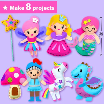 KRAFUN Fairy Tales Sewing Kit for Kids Ages 5-10 | 8 Projects | Sew 8 felt plush fairy tale toys with pre-punched holes. Beginner craft for girls. Educational gift ages 5-10 - color: Fairy Tales