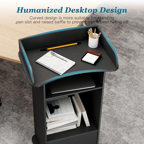 Podium Stand with Metal Wheels Wooden Lectern Podium Stand Portable Pulpit Standing with Storage Mobile Reception Podiums Desk for Church Office School Conference Restaurant Meeting, Black - color: Black