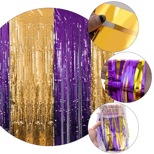Ishua 2pcs Foil Fringe Curtains Purple and Gold, 3.3x6.6ft Tinsel Streamer Backdrops Foil Fringe Curtains for Birthday, Graduation Party(Gold and Purple) - color: Gold and Purple