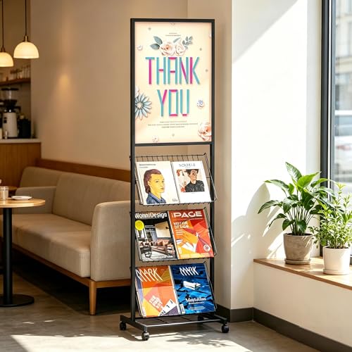 lesolar 4-Tier Floor-Standing Magazine Rack with Poster Board Stand | Metal Magazine Rack with Wheels, Newspaper Holder, Brochure Display Stand, Poster Sign Holder for Exhibitions Store Business