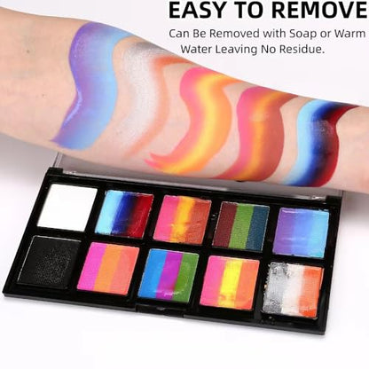 Face Painting Kit for Kids, Rainbow Split Cake Face Paint, Water Activated Facepaint Makeup Kit - One Stroke Non Toxic Rainbow Face Body Paint Set Halloween Christmas Makeup
