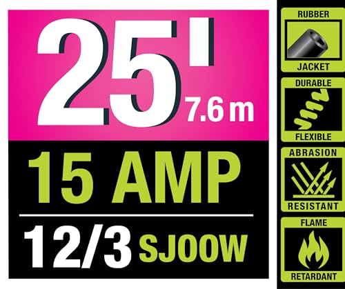 PowerSmith 25ft. Heavy Duty Extension Cord 12/3 SJOOW 15 Amp Indoor/Outdoor Locking, Lighted End, -58°F to 194°F, 5-Year Warranty - size: 12 AWG 25 FT. (SJOOW)