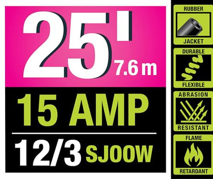 PowerSmith 25ft. Heavy Duty Extension Cord 12/3 SJOOW 15 Amp Indoor/Outdoor Locking, Lighted End, -58°F to 194°F, 5-Year Warranty - size: 12 AWG 25 FT. (SJOOW)