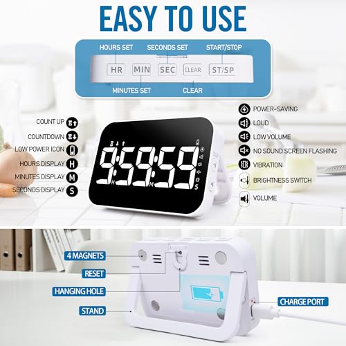 Kitchen Timer （1.5" Number） 10 RGB Color Changing Digital Magnetic Timer, Countdown/Up, Rechargeabilit, 3 Brightness Display, 3 Volume Levels and Vibration Mode, for Classroom, Study, Fitness - color: 5''rgb Charge