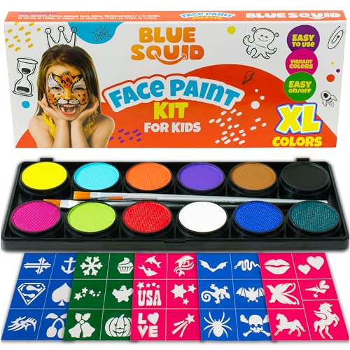 Blue Squid Face Painting Kit for Kids – 120g/4.23oz Face Paint Kit Palette, Stencils, 12 Colors - Safe for Sensitive Skin, Non Toxic Face Painting Kit Professional - Kids Party & Halloween Makeup Kit - color: 12-Color Palette