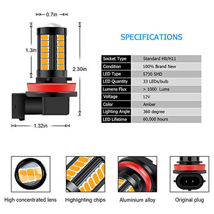 H8 H9 H11 LED Fog Light Bulbs DRL 2800 Lumens Xtreme Super Bright 5730 33-SMD 12V LED Bulbs Replacement for Cars, Trucks, 6000K Xenon Yellow - color: yellow