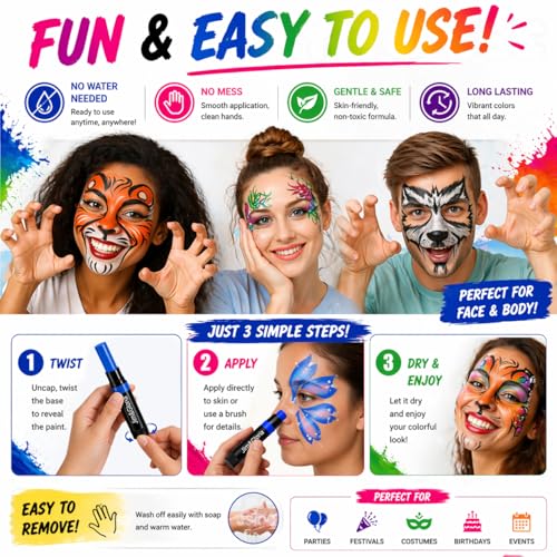 Jim&Gloria Face Paint Kit Bulk 32 Professional Face Painting Kit for Party, Metallic, Neon, Classic Makeup, Facepaint Crayons, Washable Body Paint Adults, Teenage Girls and Boys Christmas Gifts Crafts