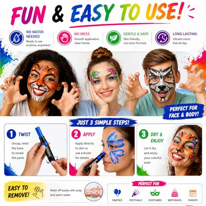 Jim&Gloria Face Paint Kit Bulk 32 Professional Face Painting Kit for Party, Metallic, Neon, Classic Makeup, Facepaint Crayons, Washable Body Paint Adults, Teenage Girls and Boys Christmas Gifts Crafts