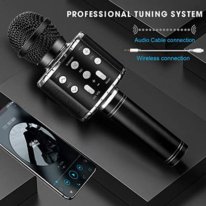 BlueFire 4 in 1 Karaoke Wireless Microphone with LED Lights, Portable Microphone for Kids, Great Gifts Toys for Kids, Girls, Boys and Adults (Black) - color: Black