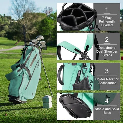 KVV Lightweight Golf Stand Bag with 7 Way Full-Length Dividers, 5 Zippered Pockets, Automatically Adjustable Dual Straps，Elegant Design - color: Lagon