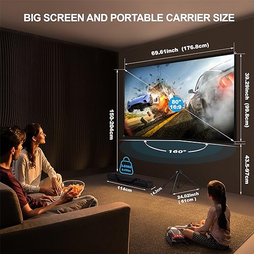 Portable Projector Screen with Stand, Outdoor Movie Screen, 80 Inch 16:9, Light-Weight, Mobile and Compact, Easy Setup and Carrying, Projection Screen with 1.2 Gain Glass Fiber, Idea for Home Cinema. - size: 80 inch