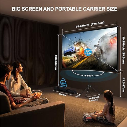 Portable Projector Screen with Stand, Outdoor Movie Screen, 80 Inch 16:9, Light-Weight, Mobile and Compact, Easy Setup and Carrying, Projection Screen with 1.2 Gain Glass Fiber, Idea for Home Cinema. - size: 80 inch