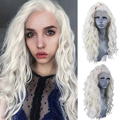 RONGDUOYI RDY #60 Platinum Blonde Wavy Lace Front Wigs for Women 24inches Blonde Long Body Wave Synthetic Hair Wig Natural Looking Soft Swiss Lace Wig - color: Platinum Blonde-#60