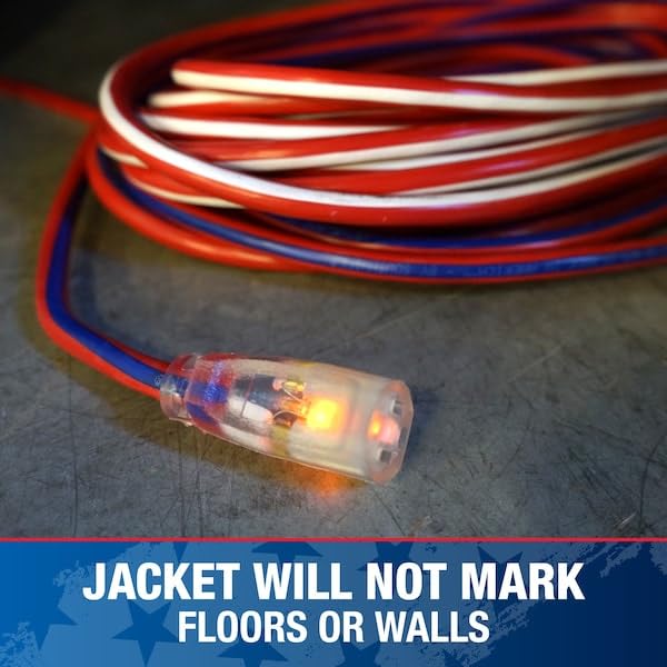 Southwire Heavy Duty Extension Cord, 50Ft, 12 Gauge, 3 Conductor, Outdoor Cord, Lighted End, SJTW, Red/White/Blue, 2548SWUSA1 - size: 50 ft