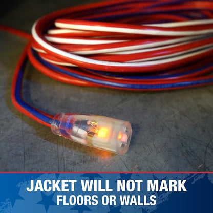 Southwire Heavy Duty Extension Cord, 50Ft, 12 Gauge, 3 Conductor, Outdoor Cord, Lighted End, SJTW, Red/White/Blue, 2548SWUSA1 - size: 50 ft
