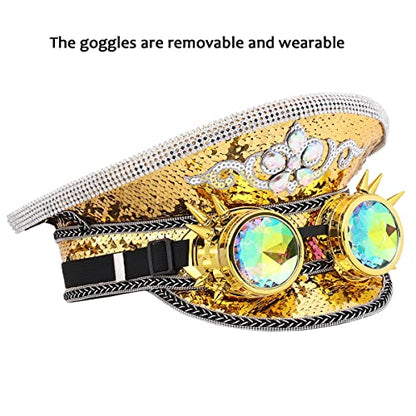 GRACEART Women's Burning Man Sequin Hat Mucis Festival Military Captain Hats Steampunk Caps with Goggles - style: Style-00(with Goggle)