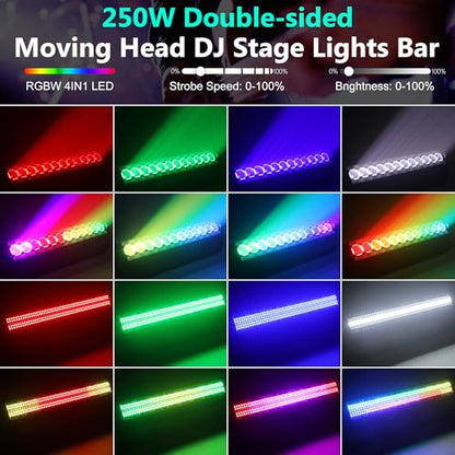 Moving Head DJ Light Bar,250W 4IN1 RGBW Wash&Strobe Light Bar 360° Double-Sided Moving Head Stage Lights with DMX512/Sound/RDM Professional DJ Uplights for Party Wedding Band Gig Disco 1Pack