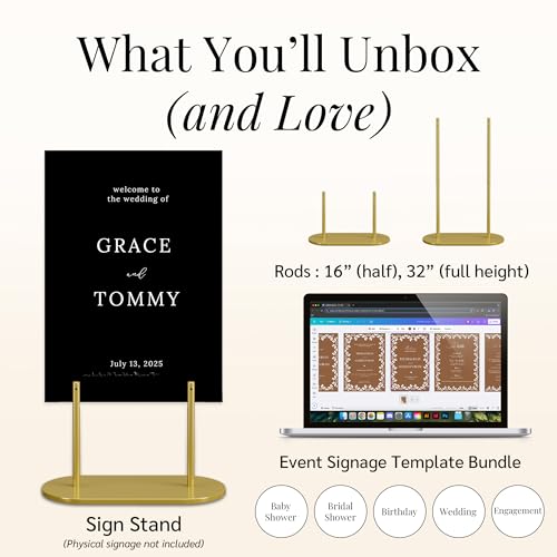 Gold Wedding Welcome Sign Stand with Holder - Elegant Metal Easel Display for Seating Chart, Reception Signs, Welcome Board - 30+ Customizable designs for Baby, Bridal Shower - Versatile Party Sign Holder - color: DRB-Gold