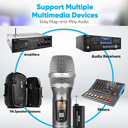 Pyle Dual UHF Wireless Microphone System - Professional Handheld Dynamic Cordless Mics with Receiver Kit - Battery Powered, Unidirectional, Clear Vocals w/ 165ft+ Range - for PA, Karaoke, DJ, Party