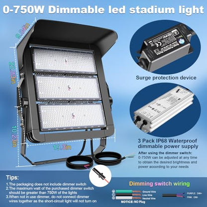 112500LM Led Stadium Light Dimmable 0-750w Super Bright Daylight | Led Arena Flood Lights Outdoor 100-277v 5000k Yoke U Mount IP66 Waterproof Sportcourt Light Commercial for Square Golf Port - size: Extra Large/750/Dimmable