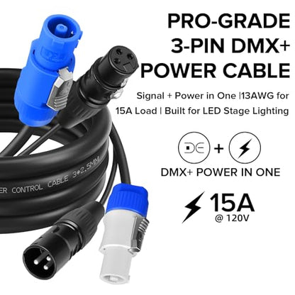 SMALL-EYE 3 Pin DMX Power Control Combo Link Cables 15 ft 2-Pack | Power and DMX in One Cable, 116Ω Optimized Impedance, Fixture Linking, Faster Setup - size: 15 feet -2 Packs