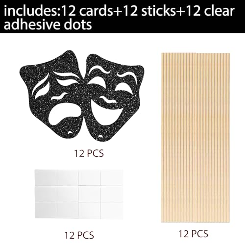 umoni Comedy Tragedy Mask Centerpiece Sticks Glitter Black Theatrical Mask Table Decorations 12PCS Theatrical Masks Party Table Toppers Film Birthday Decor for Movie Night Drama Party Supplies