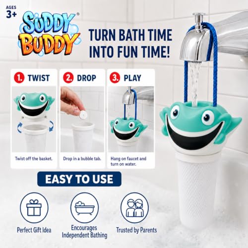 Suddy Buddy® Bubble Maker for Bathtub | Fun Kid Bubble Bath Toys | Safe Bath Bubbler for Boys & Girls Ages 3+ | Includes 1 Foam Dispenser, 1 Trading Card & 3 Super-Bubble Drops | Manny Manta Ray - style: Manta Ray