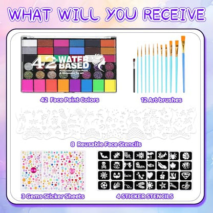 42 Colors Face Painting Kit for Kids，Non-Toxic Water Face Painting Palette Kit Professional whit Brushes，Stencils，Gems，sponges，Book&Glitters.Carnival，Halloween，Cosplay，Party； for Kids Makeup Artist