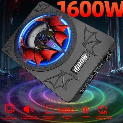 1600W 10" Slim Under Seat Subwoofers with Built-in Amp | LED Ambient Light, Deep Bass, Individual Controls (LPF/Gain/Bass Boost), High Output Distortion-Free Audio, Suitable for All Vehicle Models - color: Red BF