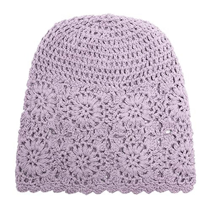 ZLYC Women Cotton Crochet Slouchy Beanie Hat Handmade Knit Summer Skull Cap | Lightweight breathable,boho casual chic look,travel photos festival party,café commute daily wear,beach concert gathering - color: Solid Purple
