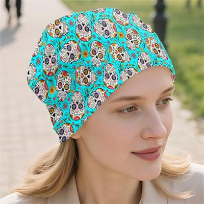 Art Owl Women's Slouchy Beanie Hat Cute Turban Hats Cancer Headwear Caps Baggy Skull Sleep Scarf - color: Blue Floral Skull