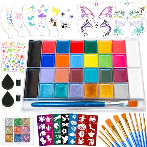 26 Colors Face Painting Kit, Oil-Based Face & Body Paint Palette | Complete Face Paint Kit with Brushes, Stencils, Glitter & Gems for Halloween, Parties, Festivals, Cosplay and Creative Events - color: 26 Colors
