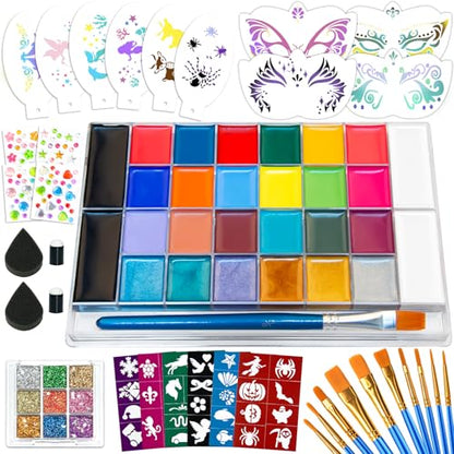 26 Colors Face Painting Kit, Oil-Based Face & Body Paint Palette | Complete Face Paint Kit with Brushes, Stencils, Glitter & Gems for Halloween, Parties, Festivals, Cosplay and Creative Events - color: 26 Colors