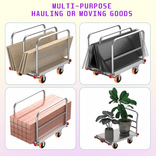 40"x24" Drywall Cart & Lumber Panel Truck, 3000 lbs | 2mm steel platform truck, 4 handrails, 6" swivel brake wheels, dolly for plywood moving - size: 8.35*26.2*39.8IN