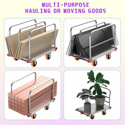 40"x24" Drywall Cart & Lumber Panel Truck, 3000 lbs | 2mm steel platform truck, 4 handrails, 6" swivel brake wheels, dolly for plywood moving - size: 8.35*26.2*39.8IN