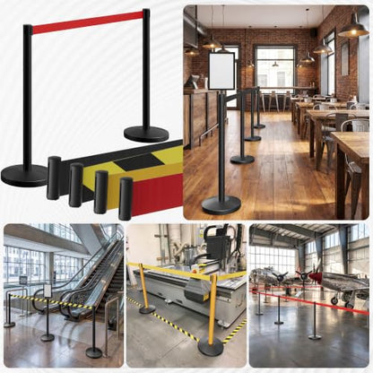 4-Pack Black Stainless Steel Crowd Control Stanchions, 9.8 ft Retractable Red Safety Belts with 1 Sign Holder(Red Belt) - color: Black stanchions w Red Belt, size: 4 pcs