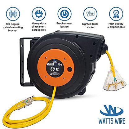50 ft - 14 Gauge Retractable Extension Cord Reel - Heavy Duty Cable Reel w/Multi Outlet Lighted Receptacle - Premium Grade 13 Amp Extension Cord Retractable Reel w/Mounting Kit - by Watt's Wire