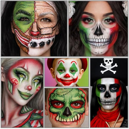 Green White Red Face Body Paint Set, Mexico Flag Face Painting Kit with Painting Brushes for Halloween, Water Based Face Paints for Xmas Elf, Grinch, Orcs, Day of the Dead Skull & Monster SFX Make-Up - color: Green+White+Red+3Pcs Brushes